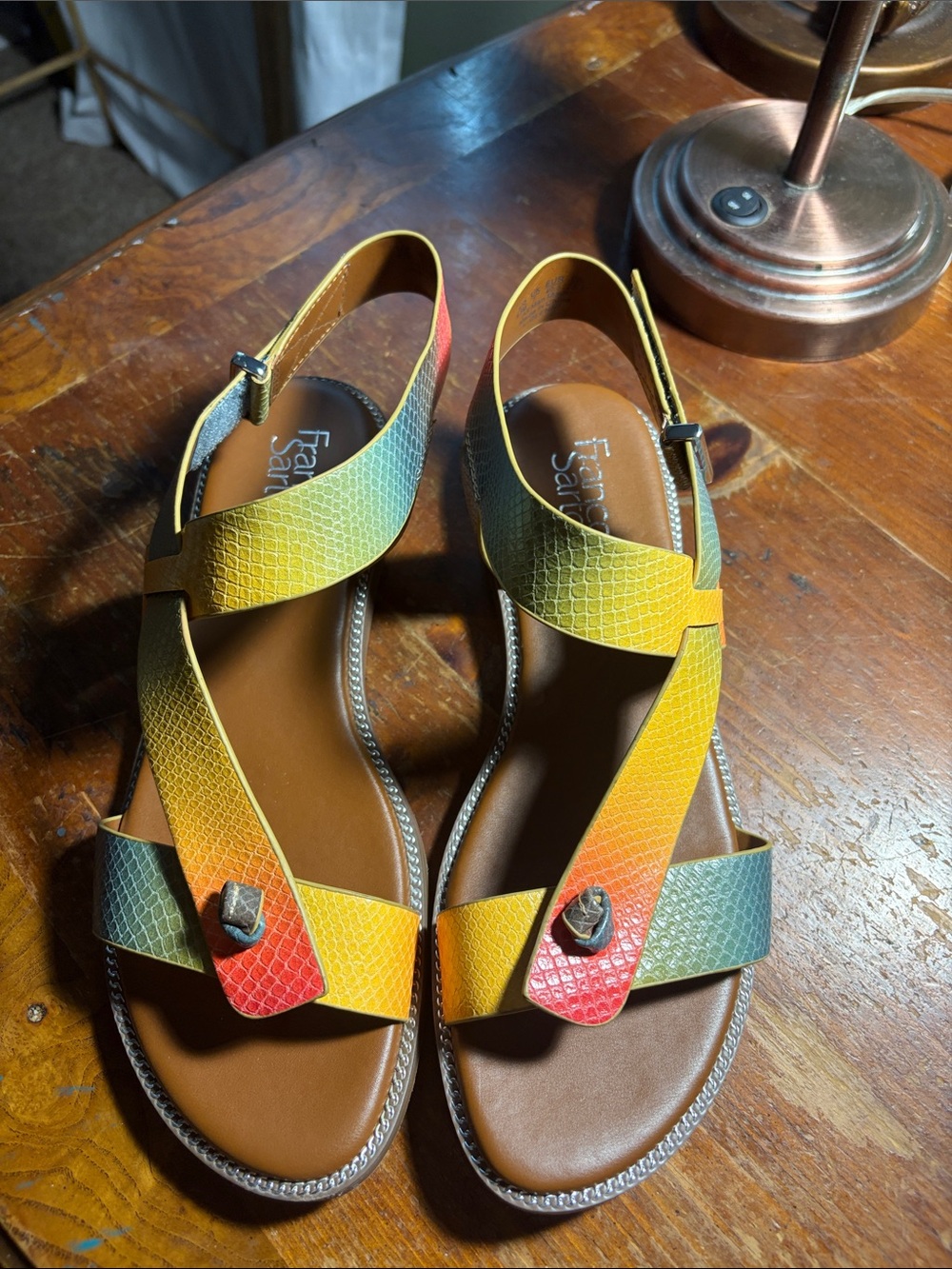 Franco Sarto Yellow-Orange-Red-Green Snake-Embossed Slingback Sandals